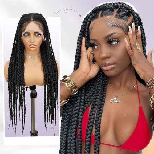 Fancy Hair 360 Full Lace Jumbo Braided Wigs for Black Women Glueless Long Knotless Box Braided Wig for African American Women (Natural Black)