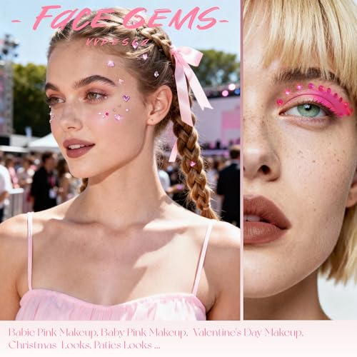 Pink Face Gems Self-Adhesive Hair Jewels,Bling Heart Star Jewels for Valentine's Day Makeup, Festival, Stick on Gems Rhinestones Stickers, Pink Face Glitter Rave Accessories for Women Girls