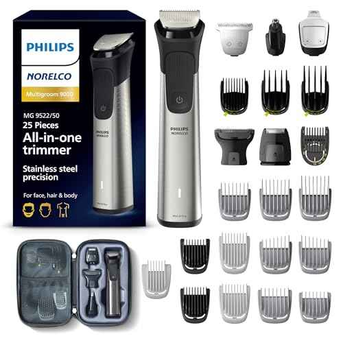 Norelco Philips Multigroom 9000 Series, All-in-One Trimmer, Beard Trimmer and Hair Clipper, 25-Piece/27-Length Men's Grooming Kit for Beard, Face, Nose, Ear and Body, Travel Kit, MG9522/50