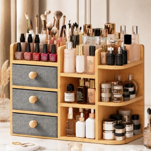 X-cosrack Natural Bamboo 3-Tier Large Makeup Organizer with 3 Drawers & 10 Compartments