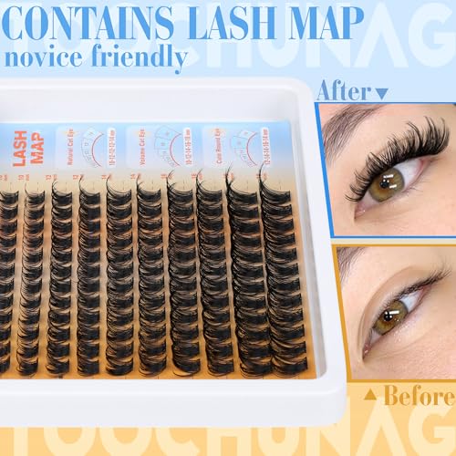 TOOCHUNAG Wispy Lash Clusters Eyelash Extensions Kit 10-18mm D Curly Eyelash Clusters Kit DIY Lash Extension Kit with Waterproof Individual Cluster Lashes, Lash Bond and Seal, Tweezers