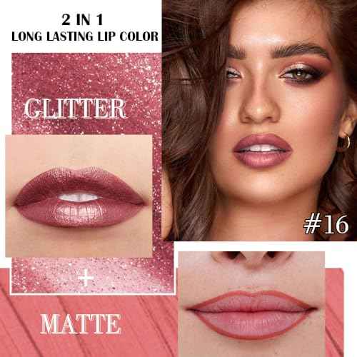 Kaely 2-in-1 Mauve Metallic Lipstick and Lip Liner Makeup, Shimmer Liquid Metallic Lipsticks for Women, Glitter Lip Gloss Stain Long Lasting Waterproof Smudge Proof 24 Hour, Vegan & Cruelty-Free, 16