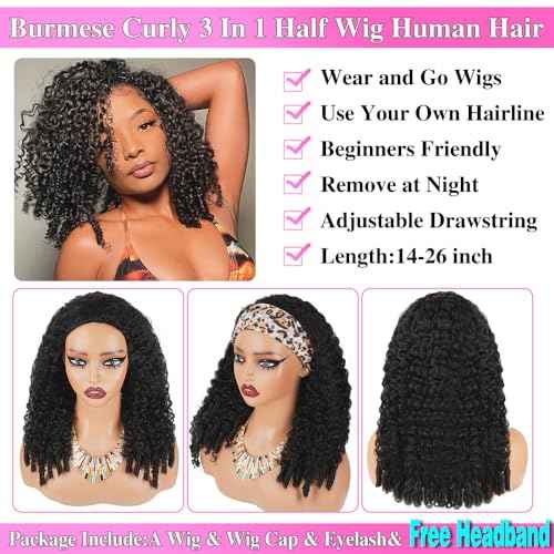 24 Inch Burmese Curly Half Wig 200 Density Seamless Flip Over Wig Glueless Human Hair Curly 3 In 1 Half Wigs Wear and Go Drawstring Headband Wig for Women Beginner Friendly