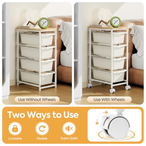 4-Drawer Rolling Storage Cart with Wooden Top & Lockable Wheels