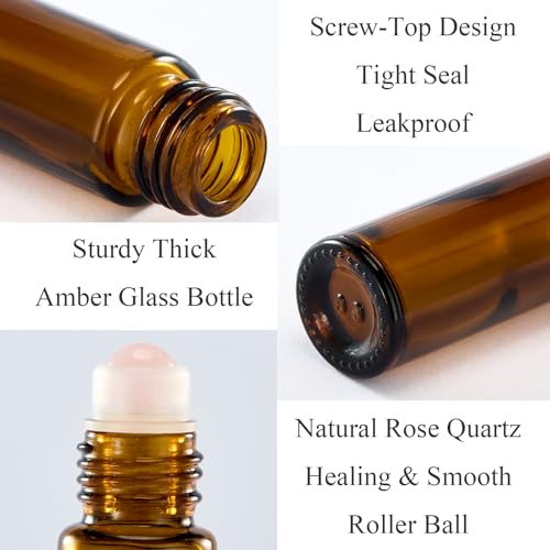 6 Pack Rose Quartz Roller Bottles for Essential Oils - 10ml Amber Glass
