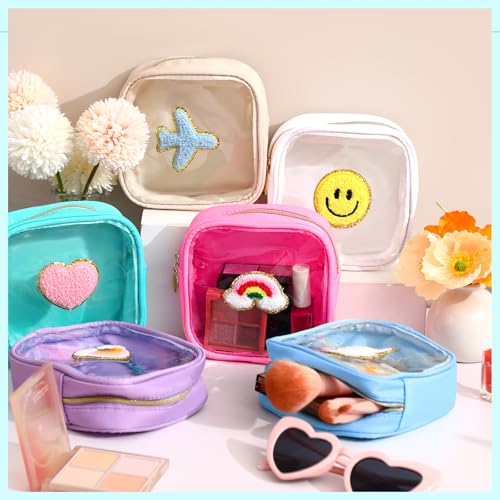Silkfly 6 Pcs Cute Preppy Patch Makeup Bags Bulk Christmas Mini Pouches for Gifts Chenille Nylon Toiletry Macaron Color Cosmetic Bags with Zipper Clear Toiletry Pouches for Women Travel Supplies