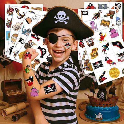 96PCS Pirate Pre-Cut Temporary Tattoos - Cute Pirate Ship, Mermaid, and Treasure Designs - Party Favors, Birthday Supplies, Classroom Rewards & Halloween Gifts