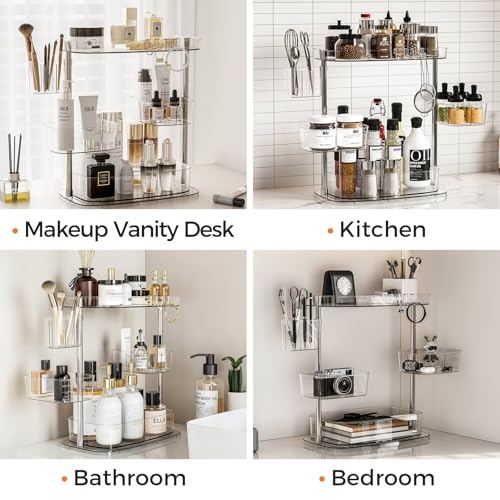 Rotating Makeup Vanity Organizer, Bathroom Countertop Cosmetic Skin Care Storage,Cosmetic Display Case with Brush Holder,for Skincare Perfume Cosmetics,Detachable Hanging Trays & Hooks