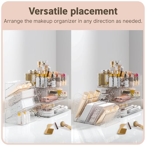 Makeup Organizer with Brush Holder Plastic Makeup Drawers For Vanity Clear Stackable Storage Case Makeup Organizer For Skincare, Brushes, Lipstick, Nail Polishes, Perfumes, Eyeshadow Palettes