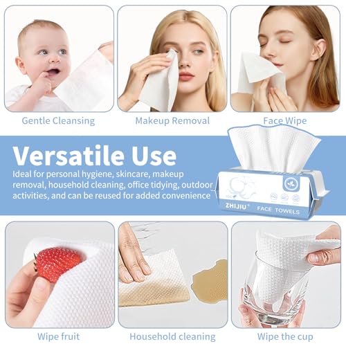 Disposable Face Towels 200 Count, Ultra Soft & Thick Facial Towels for Sensitive Skin, Biodegradable & Lint-Free Makeup Remover Dry Wipes, Multi-Purpose Cleansing Towelettes for Face Wipes
