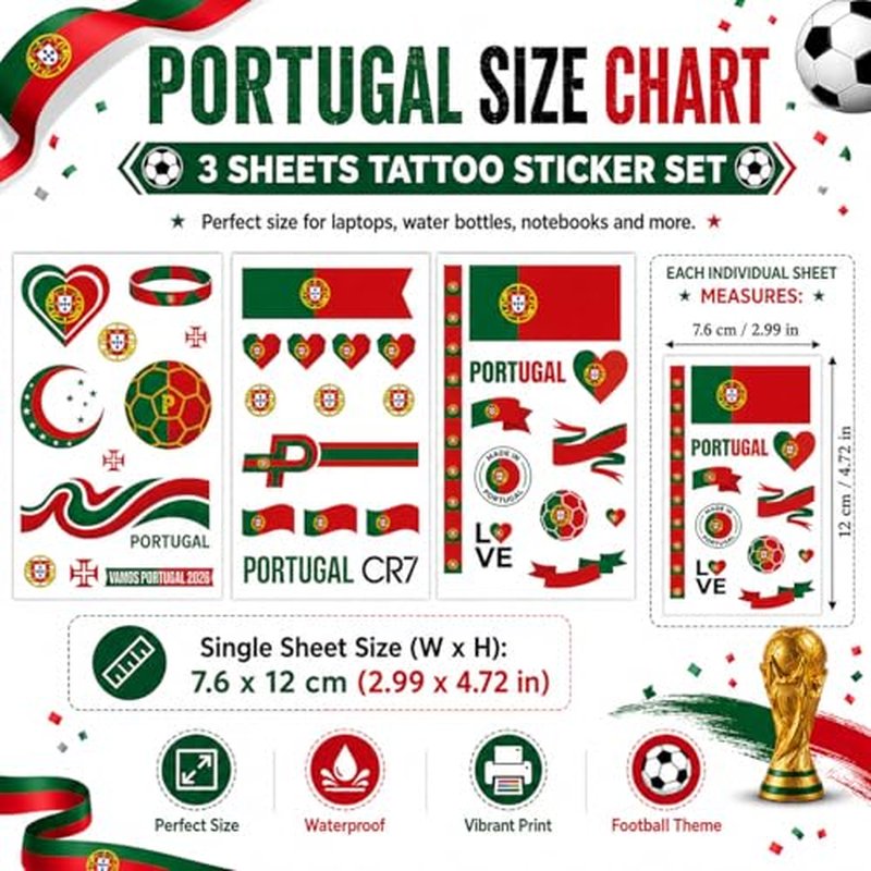 Portugal Flag Temporary Tattoos for Soccer Fans - World Cup 2026