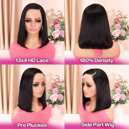 Hihmarm Lace Front Wigs Human Hair 13x4 HD Lace Front Wig Glueless Wigs Human Hair Pre Plucked Short Straight Bob Lace Front Wigs Human Hair For Black Women Nature Hairline 180% Density 12 Inch