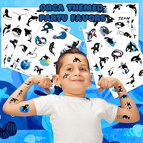 96 PCS Orca Pre-Cut Whale Birthday Party Decorations Favors Supplies Sea Ocean Killer Whale Temporary Tattoos Stickers for Girls Boys Cute Gifts School Prizes Rewards