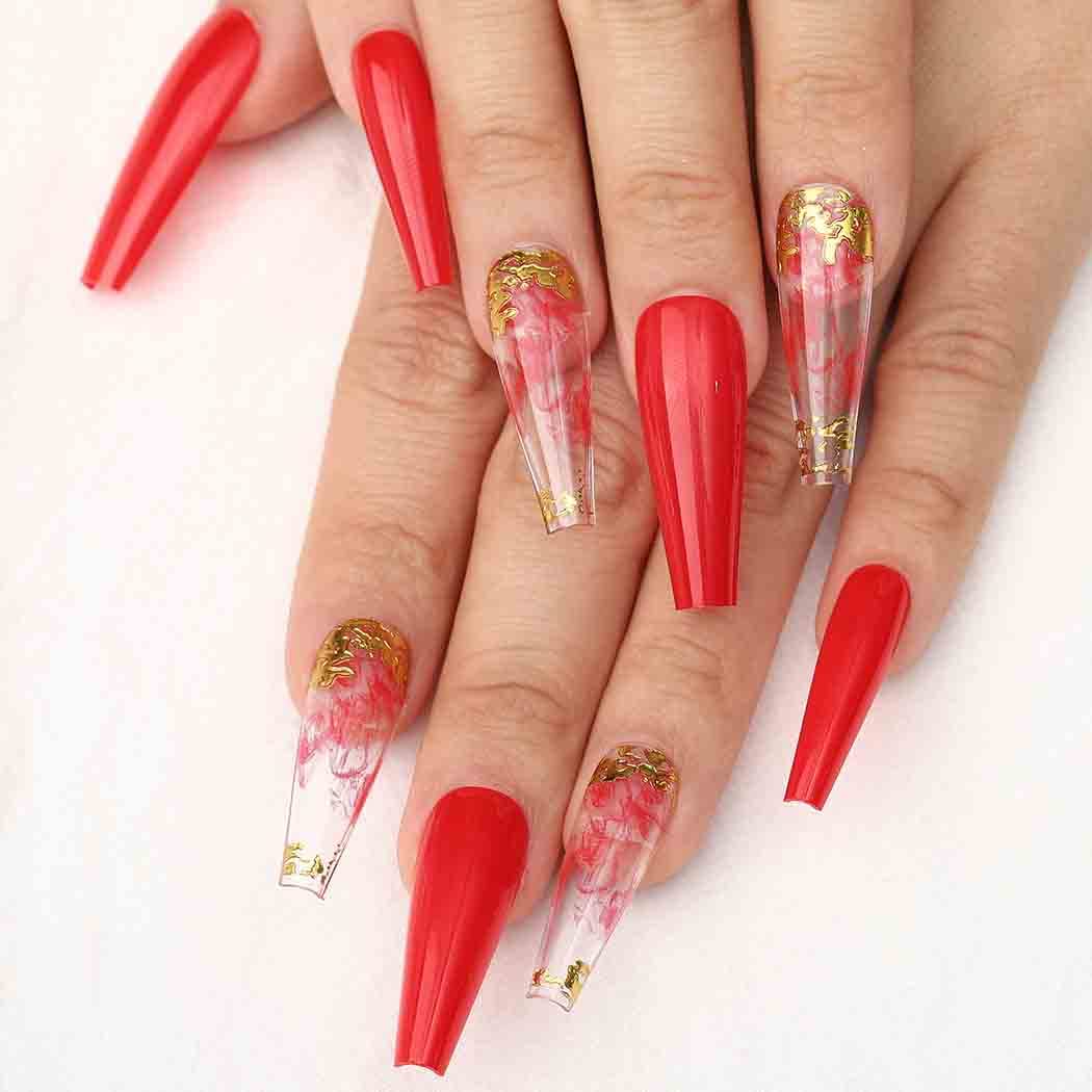 Outyua Smoke Pattern Fake Nails Coffin Glossy Red Extra Long Press on Nails with Designs Ballerina Acrylic False Nails Designer Full Cover Cute Nails for Women and Girls 24Pcs (Ruddy)