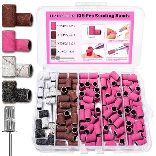 Nail Drill Bits, 135 Pcs Sanding Bands for Nail Drill, Nail Tips for Drill Bits Nail Tech, Mix 80#120#180#240# Fine Grit File Sanding Bands for Acrylic Gel Manicures Pedicure