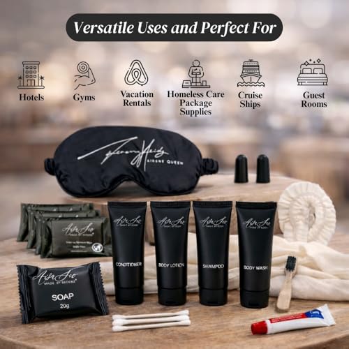 24 Piece Toiletry Kit for Hotels & Airbnb | 1oz Shampoo, Conditioner, Body Wash, Body Lotion, Bar Soap, Shower Cap, Razor, Toothbrush Set, Qtips & Makeup Remover Wipes (Toiletry Kit, 1)