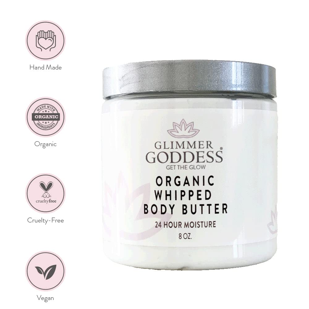 GLIMMER GODDESS Organic Whipped Body Butter- Lavender Lemon, Vegan, 24 Hr Hydration, Less Stretch Marks, All Skin Types, Child-Safe, Organic, 8 oz