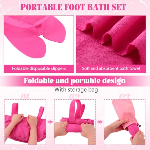6 Sets Rose Red Foldable Foot Bath Kit 15L Collapsible Foot Soaking Tub Bathroom Towels Women Adult Foldable Slippers with Storage Bag Spa Soak Pedicure Bath for Travel Camping