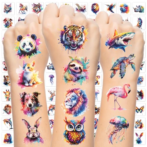 102 PCS Individually Wrapped Watercolor Animals Temporary Tattoo - Animals Temporary for Girls Boys Body Arm Shoulder Tattoos Stickers, Rewards Prizes & Party Supplies Gifts