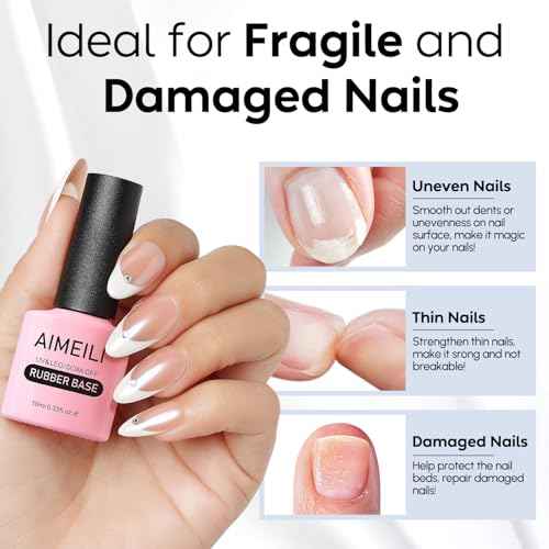 AIMEILI Clear Rubber Base Gel For Nails, Soak Off U V LED Hema Free Gel Nail Polish, 4 in 1 Nail Strengthen/Enhance/Base Coat/Color 10ml
