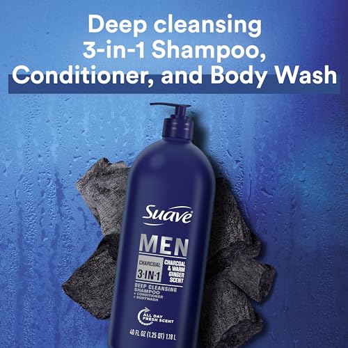 Suave Men 3-in-1 Charcoal Shampoo Conditioner Body Wash, 40 oz (Pack of 3)