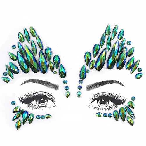 Green Face Gems Rhinestone Stickers - Festival Costume Accessories