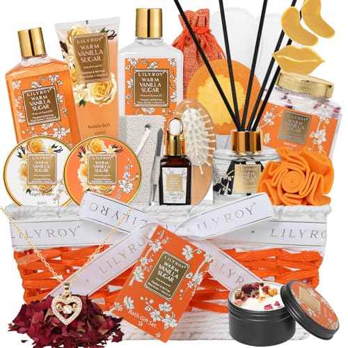 Christmas Gifts for Women - 21-Piece Luxury Vanilla Sugar Bath and Body Spa Gift Basket Set for Women Self Care Kit with Necklace, Bath Bomb | Valentine's Day, Mothers Day Gifts for Mom, Wife