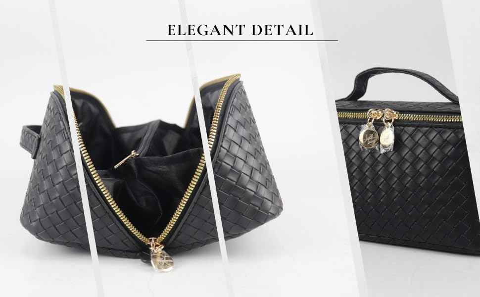 Large Capacity PU Leather Makeup Bag Organizer – Waterproof Travel Cosmetic Bag with Divider, Open Flat Design, Toiletry Bag for Women (Checkered Black)