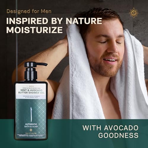 AUTHENTIC BATH & SOAP Sensitive Skin Body Wash ? Organic Mint Essential Oil & Avocado Butter ? Hydrating Shower Gel with Vitamin E & Hyaluronic Acid ? SLS Free, Moisturizing & Refreshing, 16.9 Fl Oz