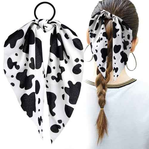 Cow Print Hair Band for Women, Non-Slip Rabbit Bunny Ear Bow Hair Tie Ropes, Elastic Bowknot Ponytail Holder Hair Scrunchies Accessories for Curly Straight Thin Thick Fine Hair