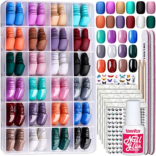Teenitor Short Press On Nails Set - 576 Pcs Matte & Glossy Fake Nails with Glue and Decor