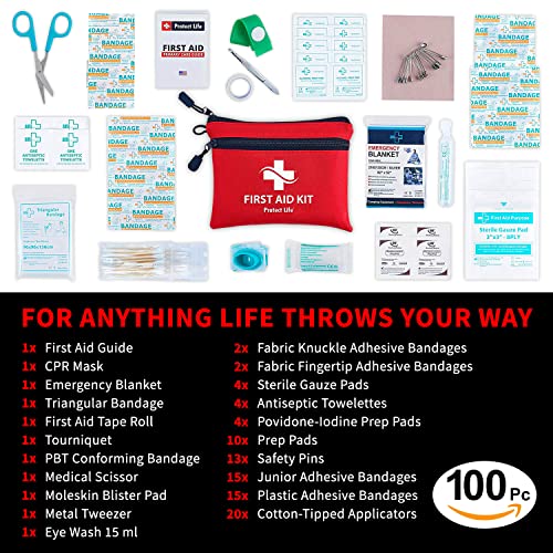 Protect Life First Aid Kit for Home/Business, HSA/FSA Eligible Emergency Kit | Mini Travel First Aid Kit | Camping First Aid Kit Hiking | Small First Aid Kit for Car | Survival Medical Kit - 100pcs