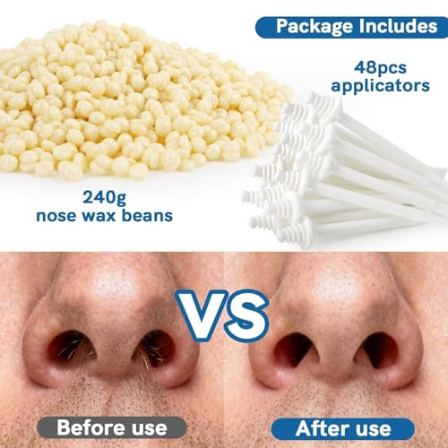Nose Wax Kit Hair Removal Set - RAINFLOW Ear & Nose Hair Wax Kit for Men and Women,240g Wax Beads with Applicator Sticks, Home Grooming for Dating, Interviews, Travel, Salon-Like Results up to 4 Weeks