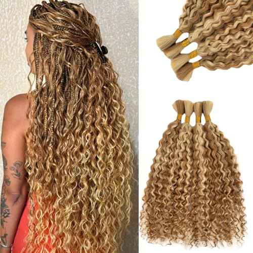 Blonde Colored Human Hair Braiding Hair Wet and Wavy Bulk Boho Hair for Braiding 150G Long 30 Inch No Weft Knotless Wet and Wavy Bundles Real Human Hair Extensions 3 Braids/Pack
