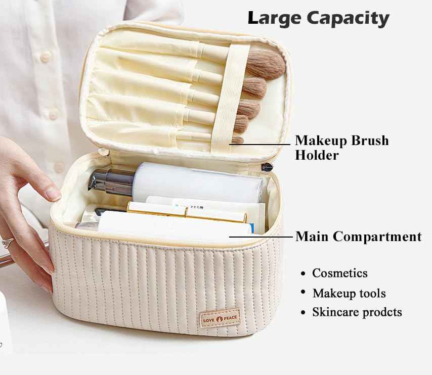 kamumanni Travel Makeup Bag, Top Open Makeup Case with Handle, Portable Cosmetic Bag with Brush Holder, Soft PU Leather Toiletry Bag for Women, Pink