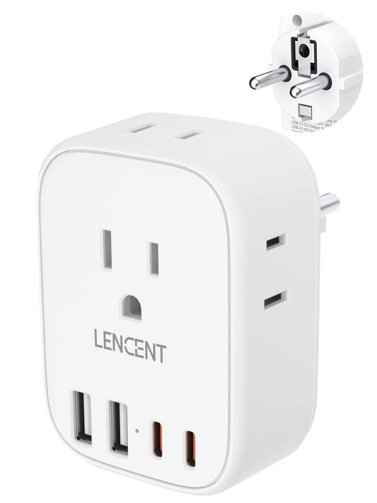 LENCENT Germany France Travel Power Adapter, Schuko Type E/F Power Plug Adaptor with 4 USB Ports(2 Type C),4 Outlet Converter, US to EU Spain French German Greece Norway Iceland Korea, Cruise Approved