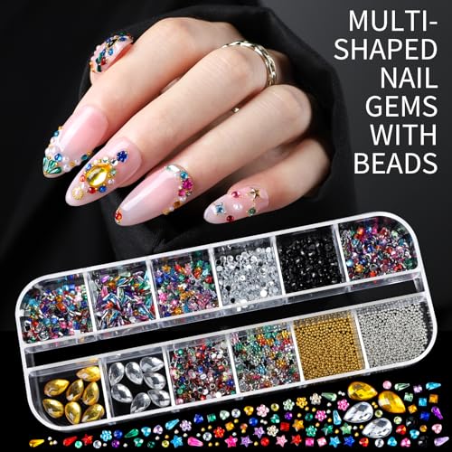 Teenitor 3D Nail Art Charms and Rhinestones Set with Gold Stickers