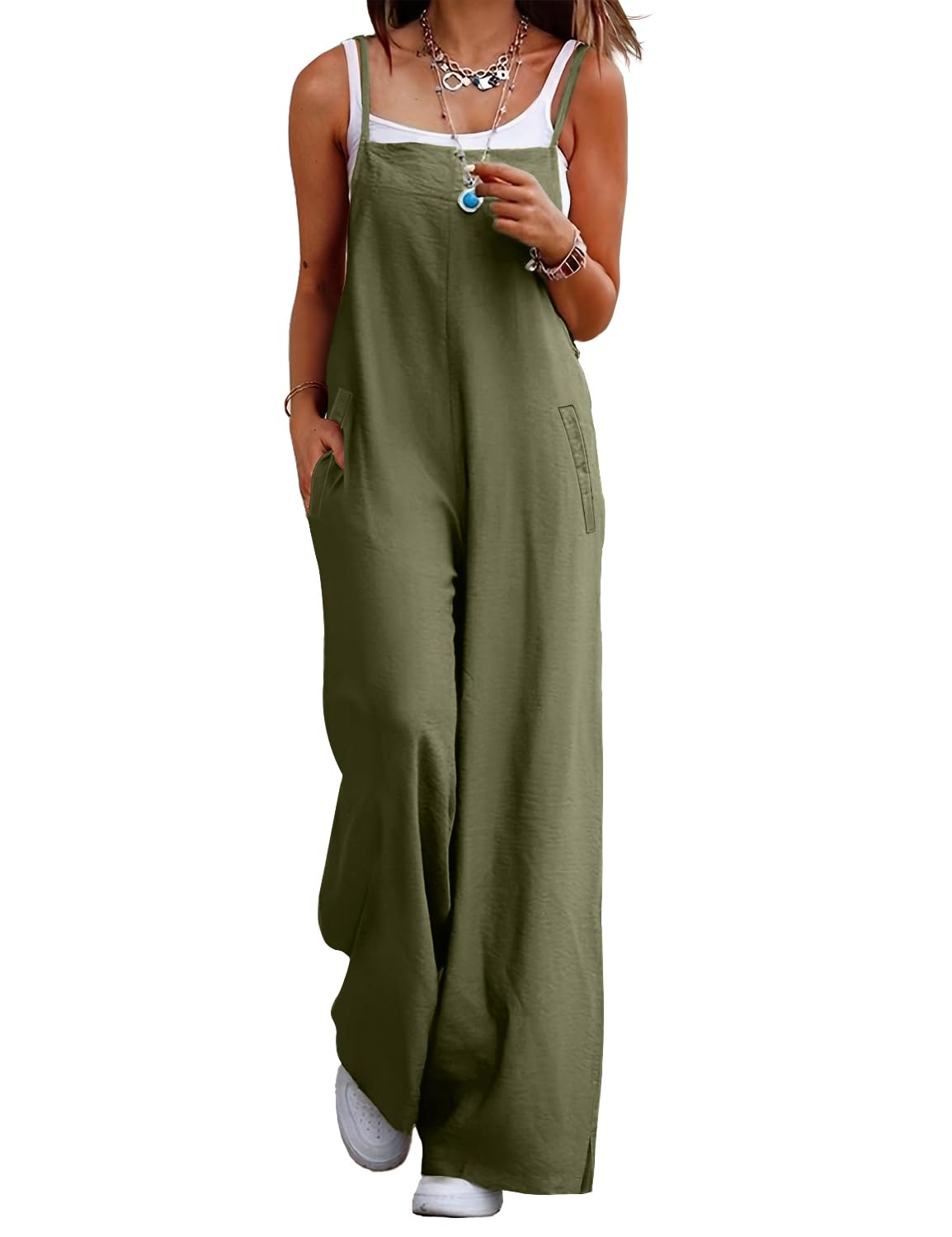 YESNO Women's Summer Boho Casual Jumpsuits Wide Leg Overalls Floral Print Baggy Rompers with Pocket XS PZZCR Solid Army Green