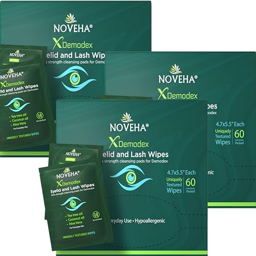 NOVEHA Demodex Eyelid & Lash Wipes | Box of 60 Individually Wrapped Extra Strength Cleansing Eyelash Wipes - Battles Irritated Eyes - Naturally Remove Debris (Pack of 3)