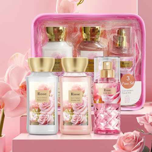 Portable Bath and Body Care Travel Set for Women & Girls, Rose 3PCS Set - Shower Gel, Body Lotion, Body Mist, Personal Body Care Gift Set for Birthday Mother's Valentine's Day Gifts for Her