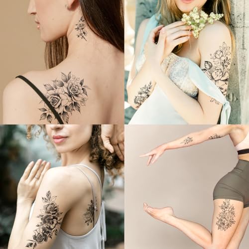 Black Floral Half Arm Temporary Tattoos - Waterproof, 7+ Days