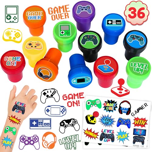 Video Game Party Favors Set - 24 Tattoos & 12 Stamps