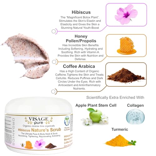 Hibiscus Nature's Scrub - The Ultimate Natural Face and Body Mask and Scrub. Nourishing, Tightening, Rejuvenating, and Exfoliating - Organic - Physician Formulated - Research Supported