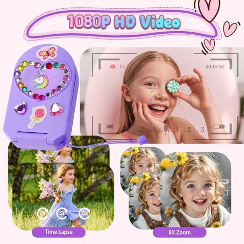 YUNIBRIX Kids Flip Phone Toy with HD Cameras & Music Player - Purple