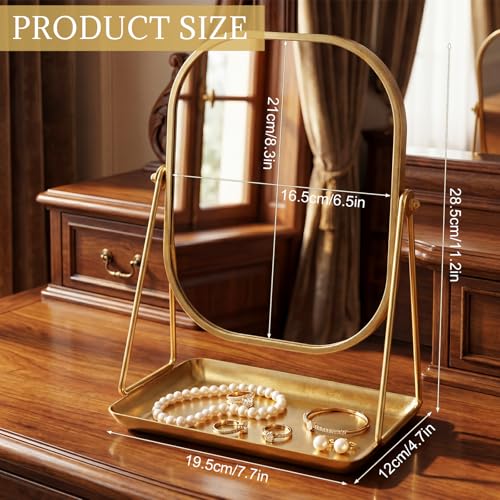 Nuanchu Gold Makeup Mirror with Jewelry Tray - 360° Rotating Vanity