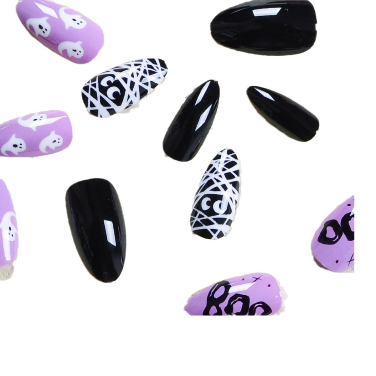 24Pcs Black Almonds Press on Nails Halloween Medium Ghost Fake Nails Glossy Glue on Nails White Bandage Artificial Nails Cartoon Fake Nails Acrylic Nails Halloween Nails False Nails for Women & Girls