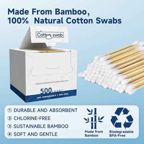 500 Count Cotton Swabs, Bamboo Cotton Swab for Eye Ears Oil Makeup, Lint Free Double Tipped Natural Cotton Buds, Cleaning with Wood Handle Remove Dust and Dirt (Pack of 1))