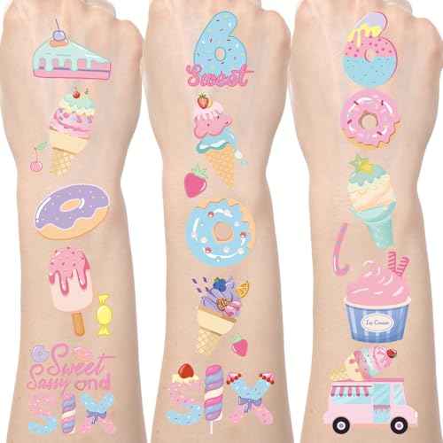 Sweet Doughnut Tattoos Temporary - 200+ Sassy and Six Birthday Decorations Sweet Ice Cream Fake Tattoo Stickers Happy 6th Birthday Donut Themed Party Decoration Favors Supplies Prizes Gifts