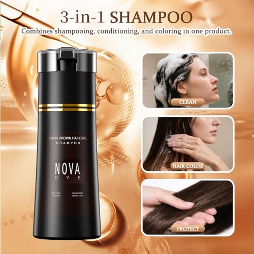 Dark Brown Hair Dye Shampoo - 100% Gray Coverage, 3-in-1 Formula
