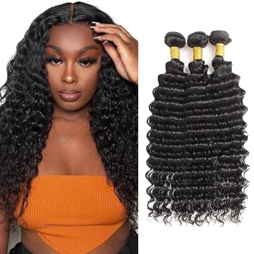 Natural Black Deep Wave Hair Bundles - 26, 28, 30 Inch Brazilian Virgin Hair